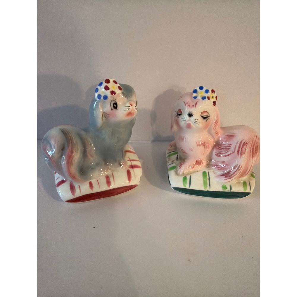 Vintage Anthropomorphic Dog Salt and Pepper Shakers Japan Ceramic Pink Grey MCM